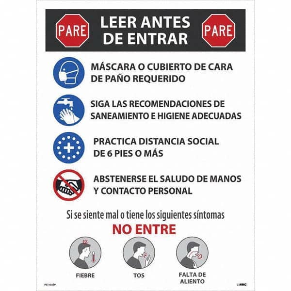 NMC - "COVID-19 - PARE - Leer Antes De Entrar", 18" Wide x 24" High, Paper Safety Sign - Exact Tooling