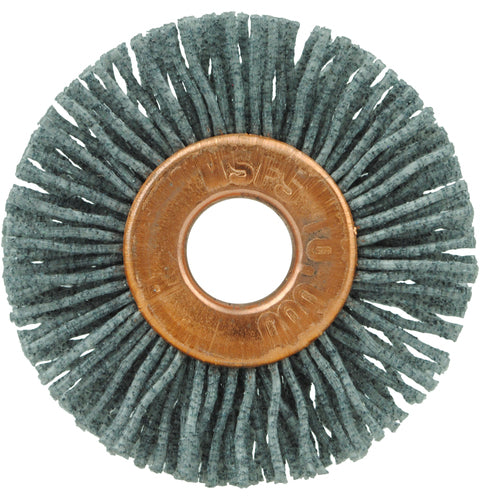 1-1/8″ Small Diameter Nylox Wheel Brush, .022/120SC Crimped Fill, 1/4″ Arbor Hole - Exact Tooling