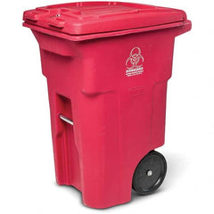 Toter - Biohazardous & Step-Open Trash Cans; Label: Bio-Hazard ; Capacity (Gal.): 64 ; Shape: Rectangular ; Color/Finish: Red ; Material: Polyethylene ; Height (Decimal Inch): 41.7500 - Exact Tooling