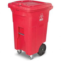 Toter - Biohazardous & Step-Open Trash Cans; Label: Bio-Hazard ; Capacity (Gal.): 64 ; Shape: Rectangular ; Color/Finish: Red ; Material: Polyethylene ; Height (Decimal Inch): 41.7500 - Exact Tooling