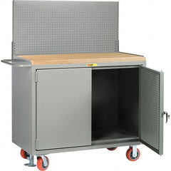 Little Giant - 3,600 Lb Capacity, 2 Shelf, 2 Door Mobile Bench Cabinet with Pegboard Panel Doors - 41" Wide x 24" Deep x 43" High, Steel, Gray - Exact Tooling