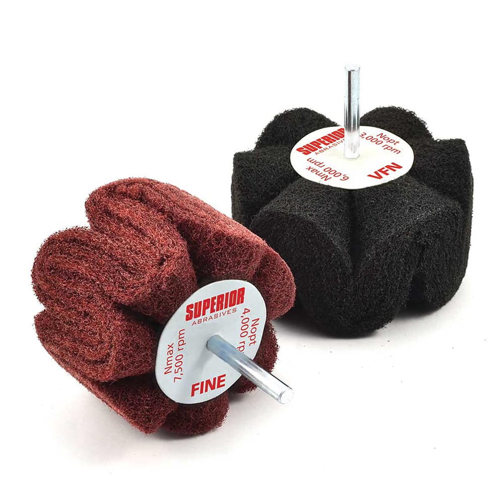 Superior Abrasives - Mounted Flap Wheels; Abrasive Type: Non-Woven ; Outside Diameter (Inch): 4 ; Face Width (Inch): 2 ; Abrasive Material: Silicon Carbide ; Grade: Fine ; Mounting Type: 1/4" Shank - Exact Tooling