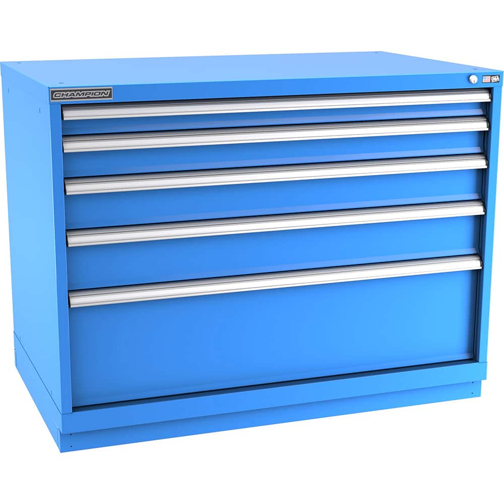 Champion Tool Storage - Modular Storage Cabinets; Type: Bench-Height Extra Width Drawer Cabinet ; Number of Drawers: 5.000 ; Height (Inch): 35-7/8 ; Width (Inch): 47 ; Depth (Inch): 28-1/2 ; Color: Bright Blue - Exact Tooling