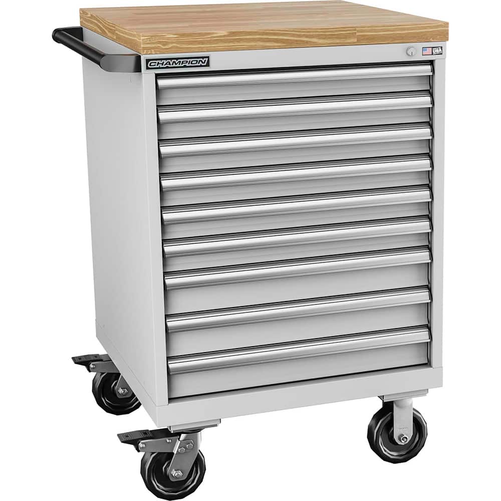 Champion Tool Storage - Mobile Work Centers; Type: Standard Depth Butcher Block Top Cabinet ; Load Capacity (Lb.): 440.000 ; Number of Drawers: 9 ; Width (Inch): 28-1/4 ; Depth (Inch): 28-1/2 ; Height (Inch): 43-1/4 - Exact Tooling