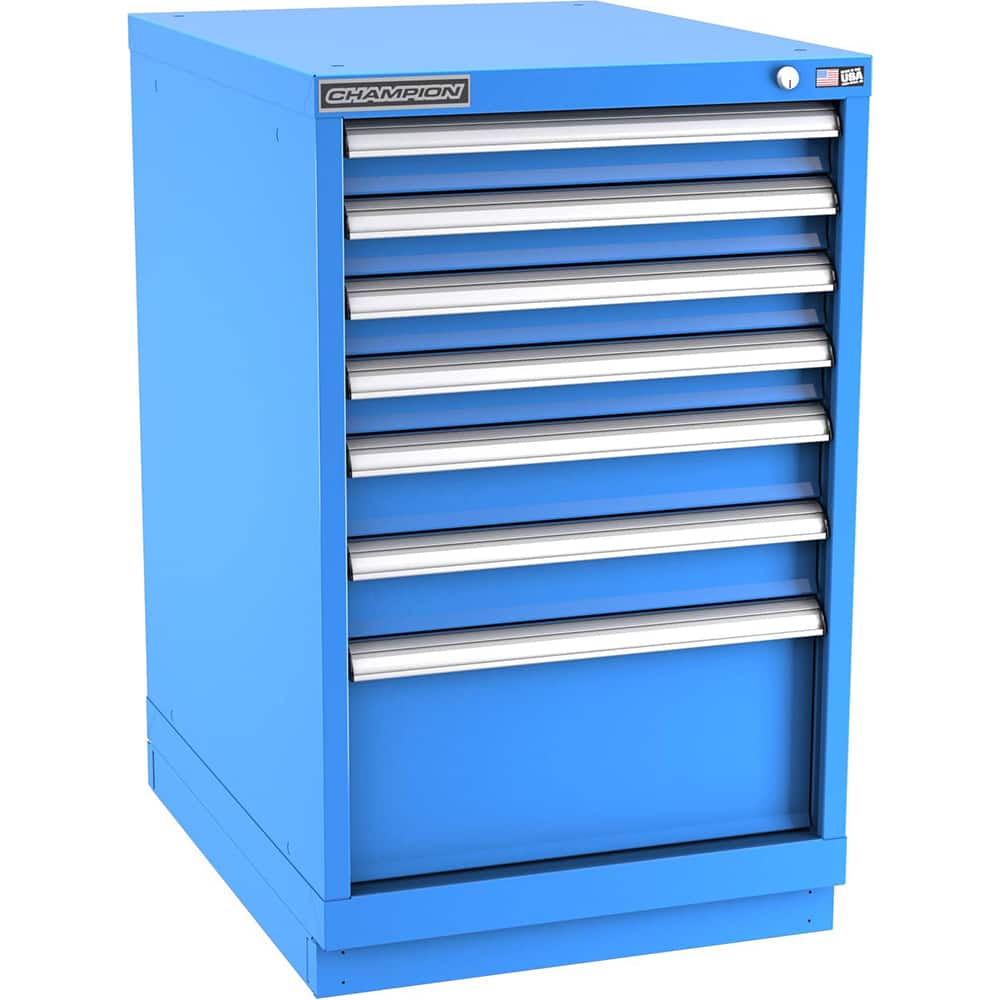 Champion Tool Storage - Modular Storage Cabinets; Type: Bench-Height Narrow Width Drawer Cabinet ; Number of Drawers: 7.000 ; Height (Inch): 35-7/8 ; Width (Inch): 22-3/16 ; Depth (Inch): 28-1/2 ; Color: Bright Blue - Exact Tooling