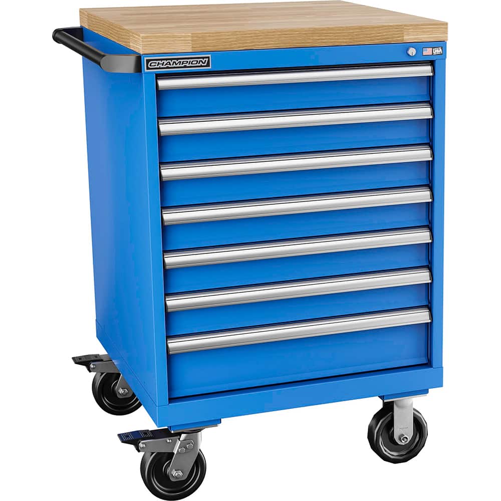 Champion Tool Storage - Mobile Work Centers; Type: Standard Depth Butcher Block Top Cabinet ; Load Capacity (Lb.): 440.000 ; Number of Drawers: 7 ; Width (Inch): 28-1/4 ; Depth (Inch): 28-1/2 ; Height (Inch): 43-1/4 - Exact Tooling
