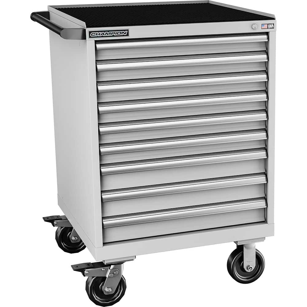Champion Tool Storage - Mobile Work Centers; Type: Standard Depth Retainer Top Cabinet ; Load Capacity (Lb.): 440.000 ; Number of Drawers: 9 ; Width (Inch): 28-1/4 ; Depth (Inch): 28-1/2 ; Height (Inch): 43-1/4 - Exact Tooling