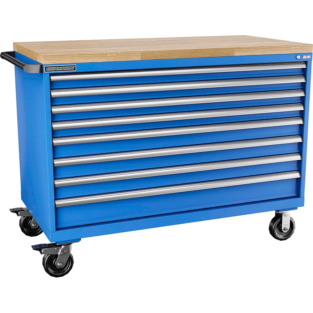 Champion Tool Storage - Mobile Work Centers; Type: Standard Depth Butcher Block Top Cabinet ; Load Capacity (Lb.): 440.000 ; Number of Drawers: 8 ; Width (Inch): 56-1/2 ; Depth (Inch): 28-1/2 ; Height (Inch): 43-1/4 - Exact Tooling