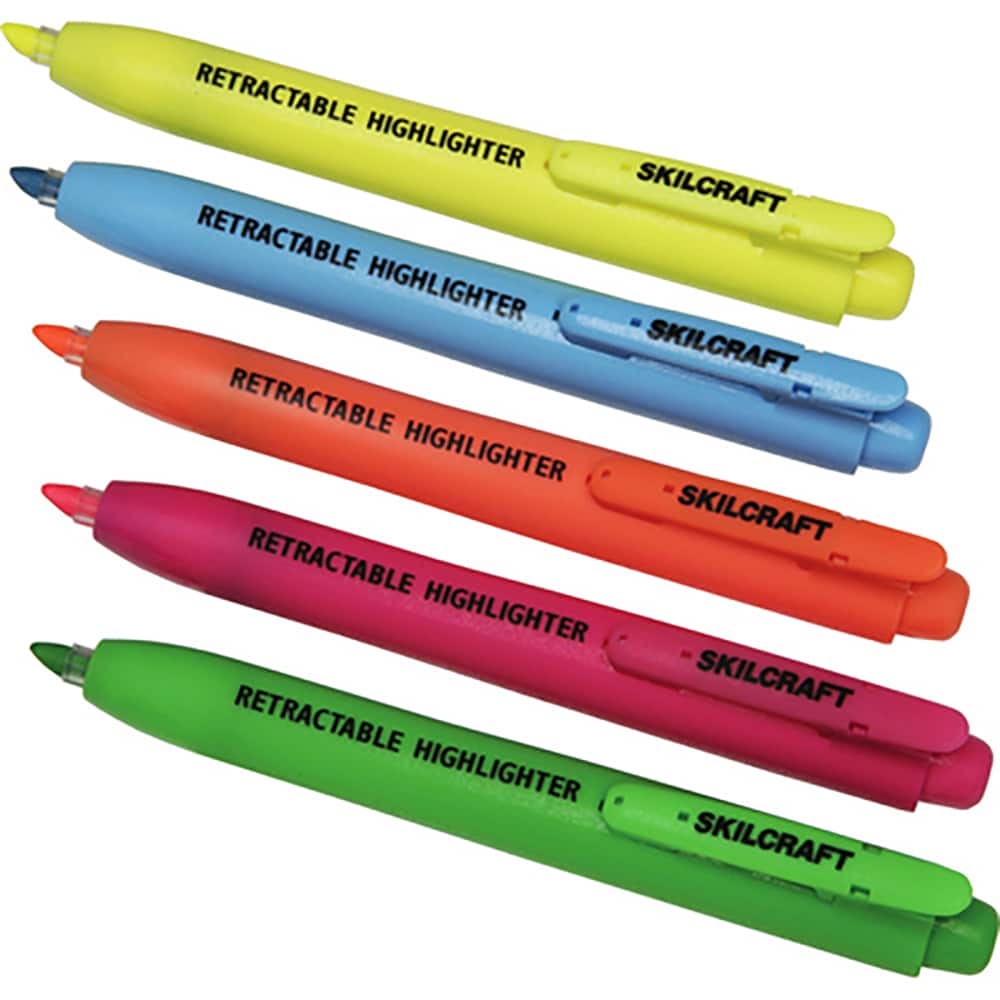 Ability One - Markers & Paintsticks; Type: Highlighter ; Color: Blue, Green, Orange, Pink, Yellow ; Ink Type: Water Base ; Tip Type: Chisel - Exact Tooling