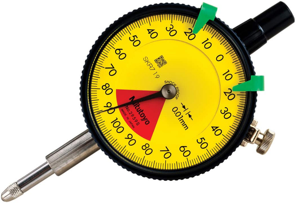 Mitutoyo - Dial Drop Indicators; Maximum Measurement (mm): 1.60 ; Dial Graduation (mm): 0.0100 ; Dial Reading: 80-0-80 ; Accuracy (mm): 0.013 ; Dial Color: Yellow ; Minimum Measurement (mm): 0.01 - Exact Tooling