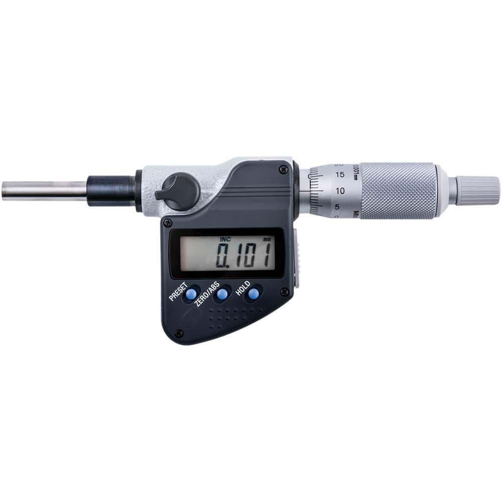 Mitutoyo - Electronic Micrometer Heads; Minimum Measurement (mm): 0 ; Maximum Measurement (mm): 25 ; Calibrated: No ; Resolution (mm): 0.001 ; Thimble Type: Plain ; Data Output: Yes - Exact Tooling
