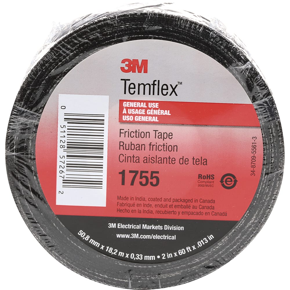 3M - Glass Cloth Tape; Width (Inch): 2 ; Material Type: Cotton ; Color: Black ; Adhesive Material: Rubber ; Series: 1755 ; Thickness (mil): 13 - Exact Tooling