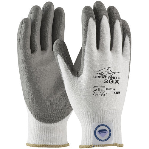 ‎19-D322/XL Coated Gloves - Great White 3GX Dyneema Diamond - 13G White Shell - Gray PU Smooth Grip - A3 - Exact Tooling