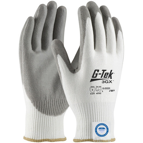 19-D330/XS Coated Gloves - G-Tek 3GX Dyneema Diamond - White 13G Shell - Gray PU Smooth Grip - A4 - Exact Tooling