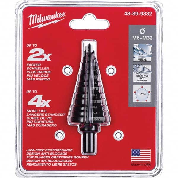Milwaukee Tool - Step Drill Bits; Minimum Hole Diameter (mm): 6.00 ; Maximum Hole Diameter (mm): 32.50 ; Drill Bit Material: High Speed Steel ; Drill Bit Finish/Coating: Black Oxide ; Number of Hole Sizes: 13 ; Shank Type: Hex - Exact Tooling