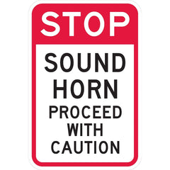 Lyle Signs - Traffic & Parking Signs; MessageType: Warning & Safety Reminder Signs ; Message or Graphic: Message Only ; Legend: Stop Sound Horn Proceed With Caution ; Graphic Type: None ; Reflectivity: Reflective; Engineer Grade ; Material: Aluminum - Exact Tooling