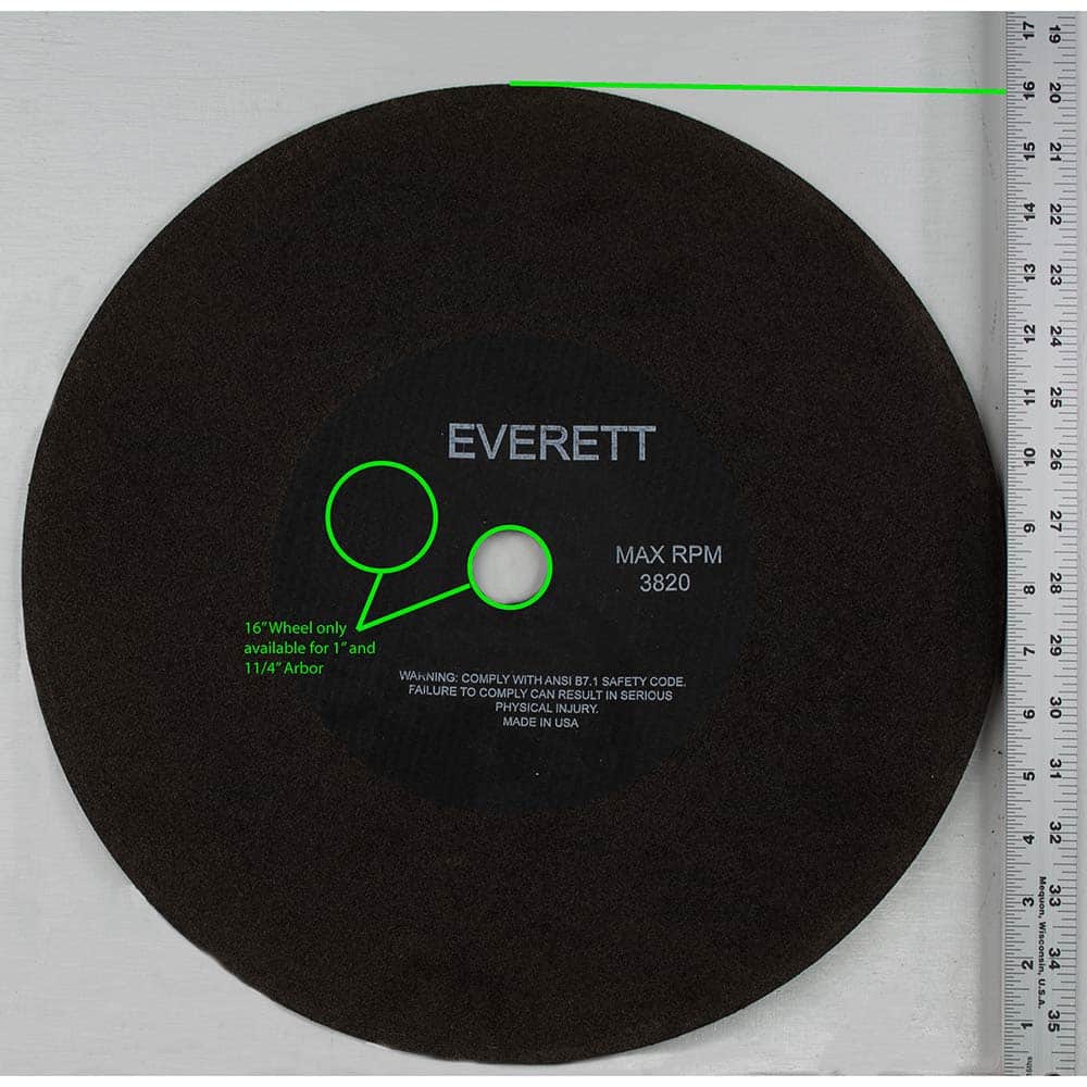 Everett - Cutoff Wheels; Tool Compatibility: Chop Saws; Cut-Off Saw; Electric-Powered Saw; Portable Saw; Shop Saw; Stationary Saw ; Wheel Diameter (Inch): 16 ; Wheel Thickness (Inch): .170 ; Abrasive Material: Aluminum Oxide ; Maximum RPM: 2590.000 ; Gri - Exact Tooling