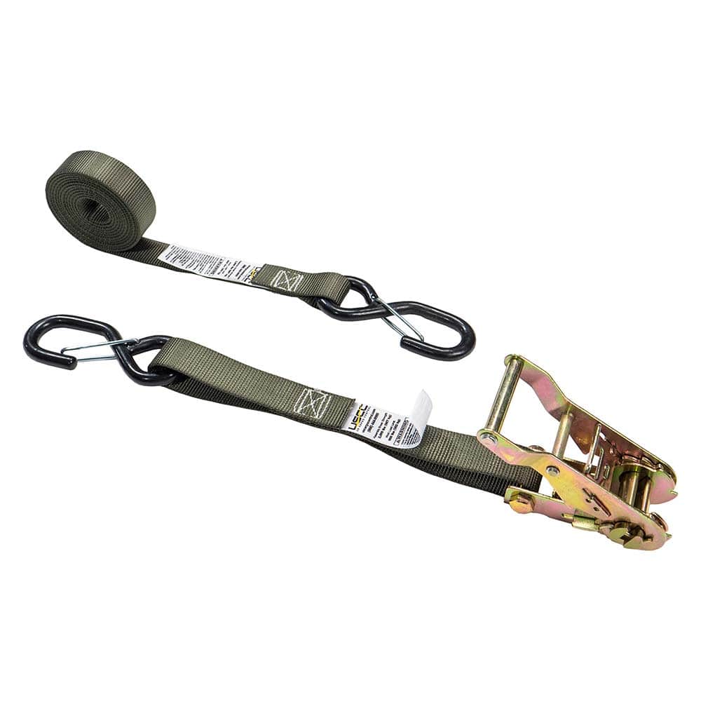 US Cargo Control - Slings & Tiedowns (Load-Rated); Type: Ratchet Tie Down ; Length (Feet): 8 ; Basket Capacity (Lb.): 666 ; Material: Polyester ; Color: Olive - Exact Tooling
