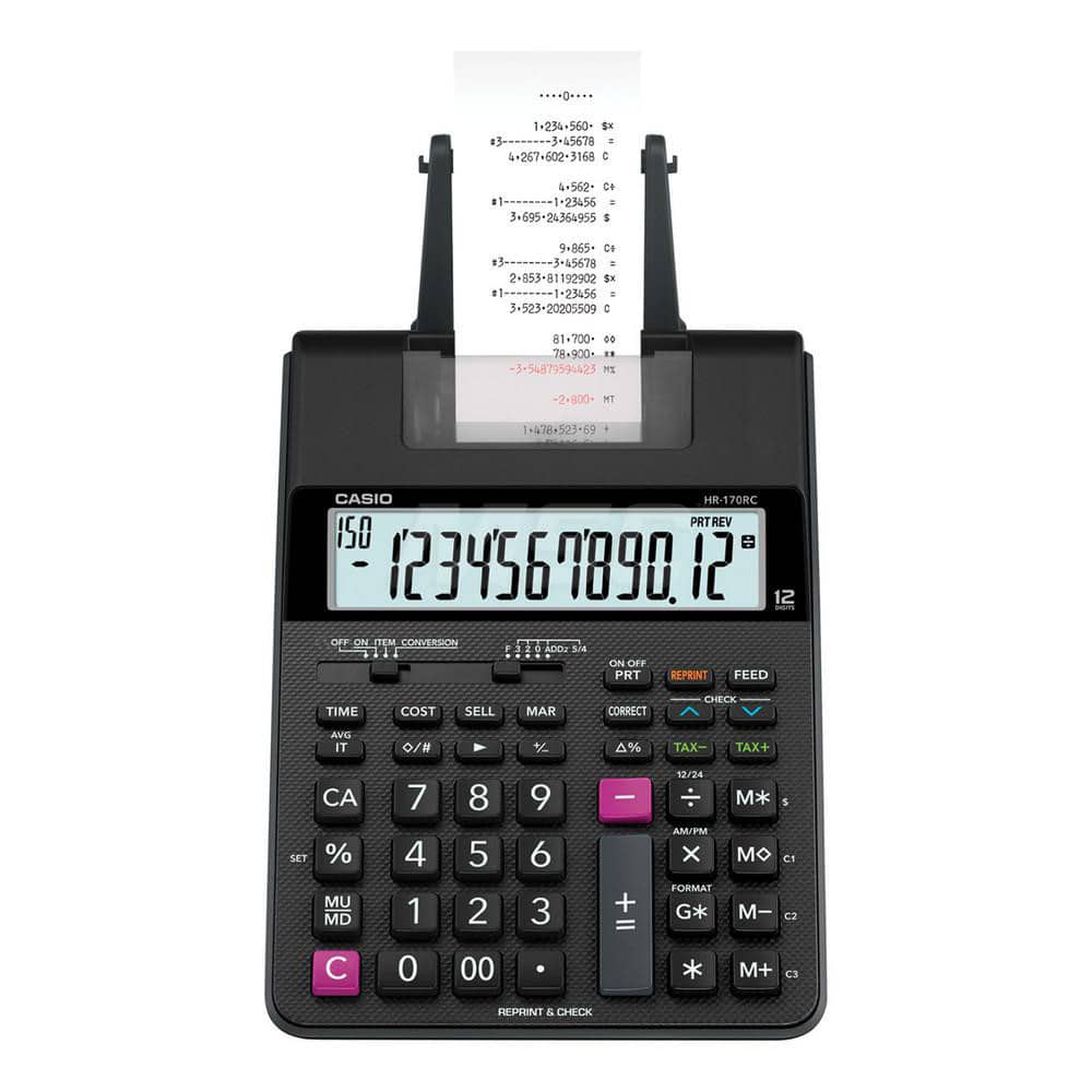 Casio - Calculators; Type: Printing Calculator ; Type of Power: AC ; Display Type: 12-Digit LCD ; Color: Black; Red ; Display Size: 12mm ; Width (Inch): 6-1/2 - Exact Tooling