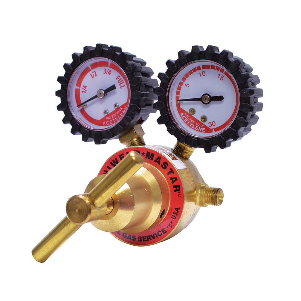 Made in USA - Welding Regulators; Gas Type: Acetylene ; CGA Inlet Connection: 200 ; Fitting Type: B L/H; Male ; Maximum Pressure (psi): 15.00 ; Thread Size: ?A? 24 (LH) ; Rotation: Clockwise - Exact Tooling