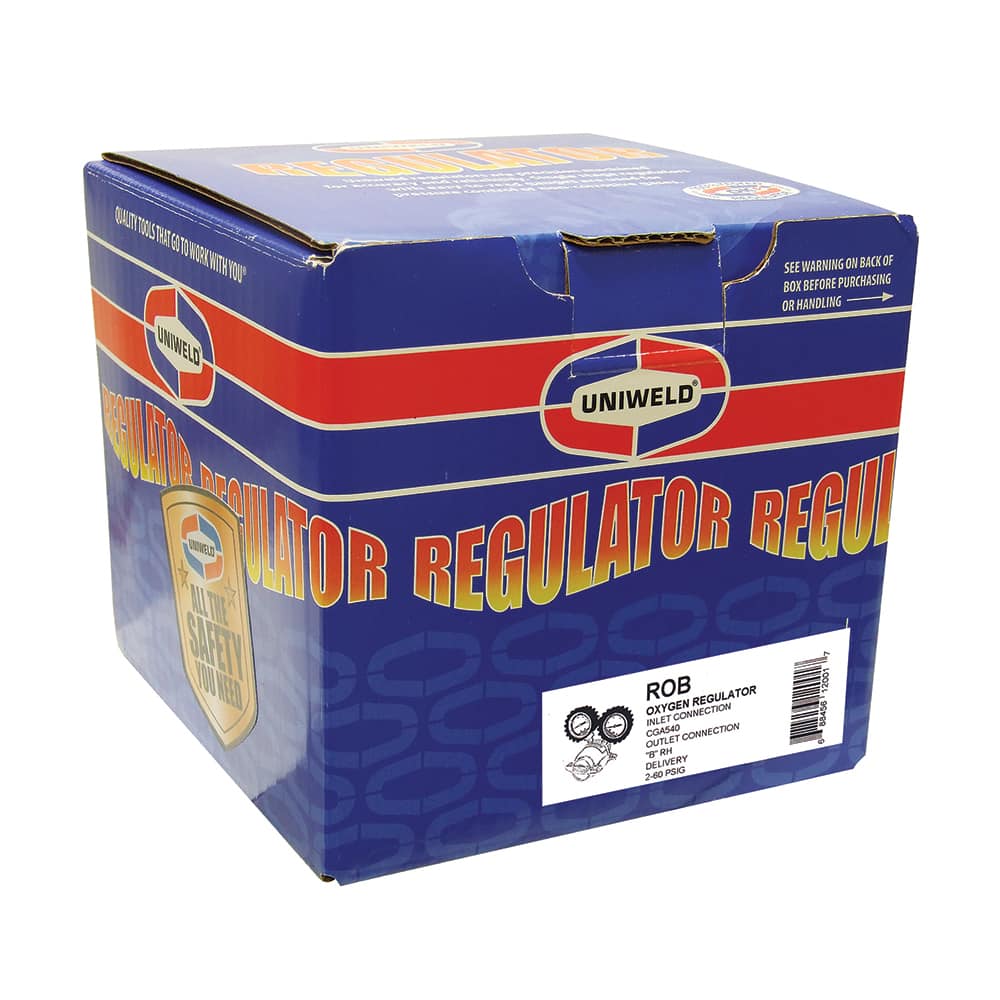 Made in USA - Welding Regulators; Gas Type: Oxygen ; CGA Inlet Connection: 540 ; Fitting Type: B R/H; Male ; Maximum Pressure (psi): 4000.00 ; Thread Size: B18 ; Description: ROB - Exact Tooling