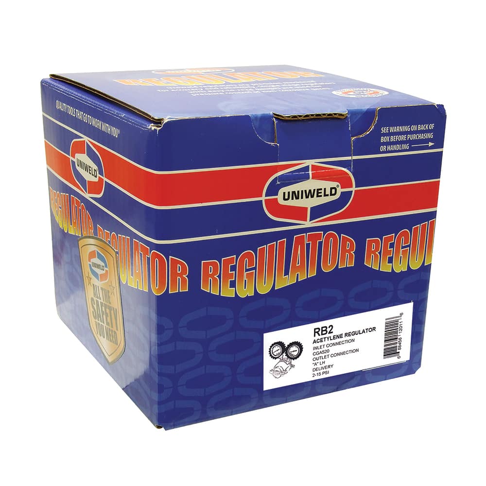 Made in USA - Welding Regulators; Gas Type: Acetylene ; CGA Inlet Connection: 520 ; Fitting Type: A; Male ; Maximum Pressure (psi): 15.00 ; Thread Size: ?A? 24 (LH) ; Rotation: Clockwise - Exact Tooling