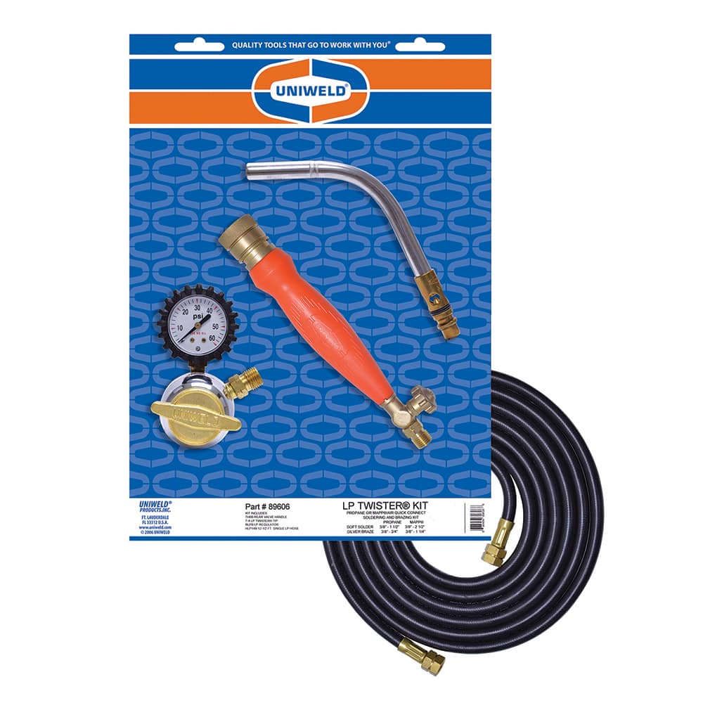 Made in USA - Propane & MAPP Torch Kits; Type: Air/LP ; Fuel Type: LP Gas ; Contents: Acetylene Regulator RLPB; Handle TH6B; Tips T-4; Hose HLP14 ; Contents: Acetylene Regulator RLPB; Handle TH6B; Tips T-4; Hose HLP14 ; Tip Number: T-4 ; PSC Code: 3433 - Exact Tooling