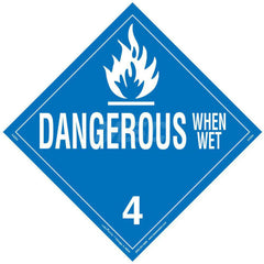 DOT Placards & Holders; Type: Placard; Legend: Dangerous When Wet; Legend: Dangerous When Wet; Material: Vinyl; Message or Graphic: Dangerous When Wet; Legend Color: Blue; Material: Vinyl; Compliance Specifications: DOT 49 CFR 172.519; Placard Coating: UV