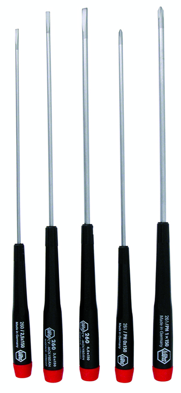 5 Piece - Precision Long Slotted & Phillips Screwdriver Set - #26192 - Includes: Slotted 2.5 - 4.0mm Phillips #0 - 1 - Exact Tooling