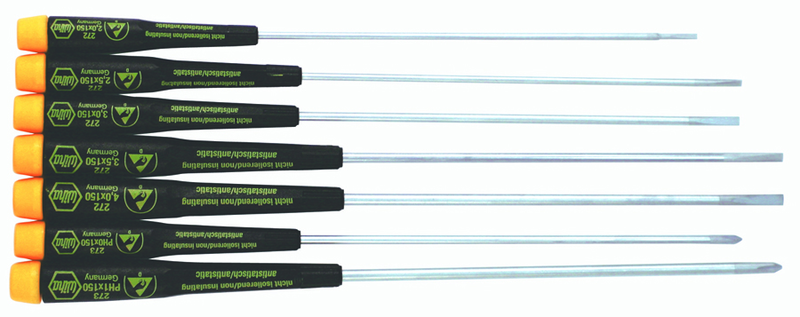 7 Piece - Precision ESD Safe Slotted & Phillips Extra Long Screwdriver Set - #27393 - Slotted 2.0 - 4.0mm; Phillips # 0; 1 x 150mm - Exact Tooling