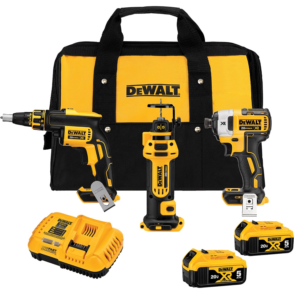 DeWALT - Cordless Tool Combination Kits; Voltage: 20 ; Tools: 1/4" Impact Driver; Screwgun; Drywall Cut-Out Tool ; Battery Chemistry: Lithium Ion ; Battery Series: 20V MAX ; Battery Included: Yes ; Number of Batteries: 2 - Exact Tooling