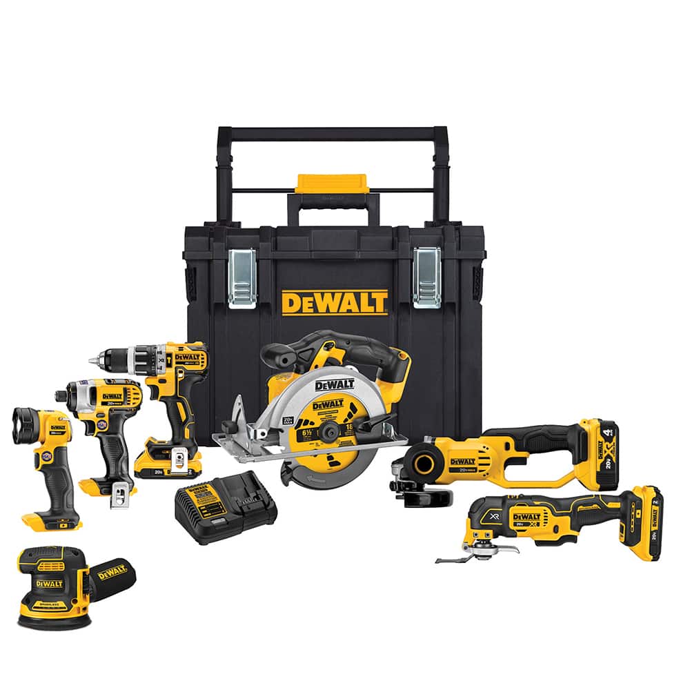 DeWALT - Cordless Tool Combination Kits; Voltage: 20 ; Tools: Brushless Compact Hammer Drill; 1/4" Impact Driver; Circular Saw; Reciprocating Saw; Grinder; Oscillating Multi-Tool; LED Light ; Battery Chemistry: Lithium Ion ; Battery Series: 20V MAX ; Bat - Exact Tooling