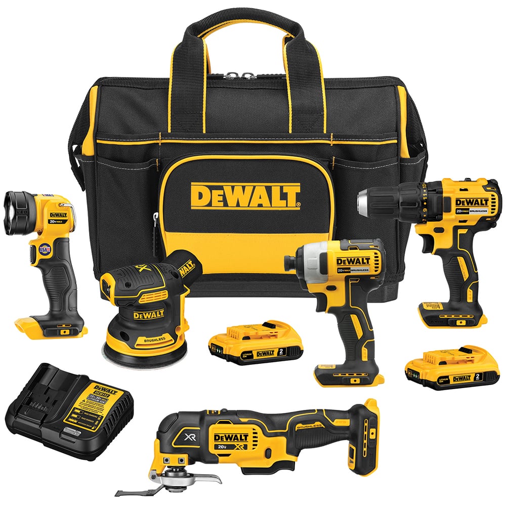 DeWALT - Cordless Tool Combination Kits; Voltage: 20 ; Tools: 1/2" Compact Drill/Driver; 1/4" Impact Driver; Brushless 3-Speed Cordless Oscillating Multi-Tool; 5" Brushless Cordless Random Orbit Sander ; Battery Chemistry: Lithium Ion ; Battery Series: 2 - Exact Tooling