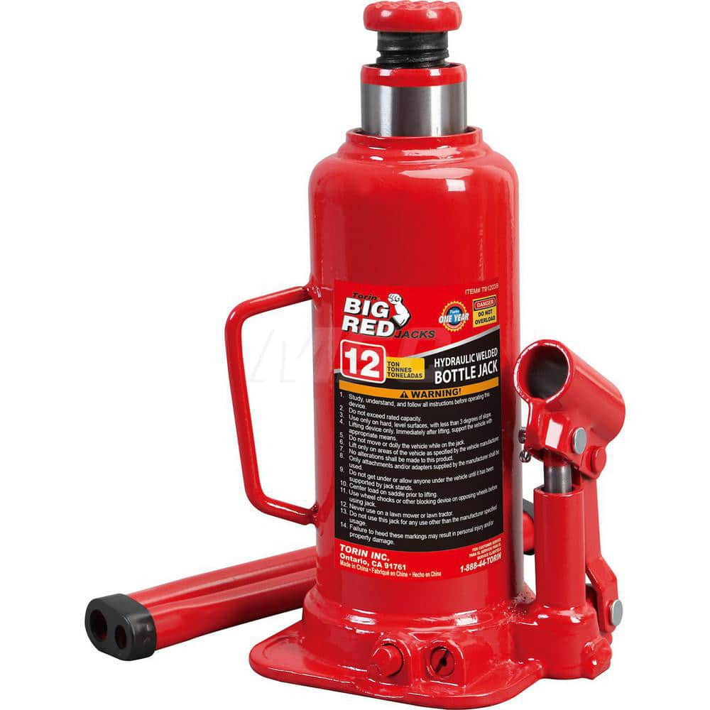 Big Red - Manual Bottle, Screw, Ratchet & Hydraulic Jacks; Type: Hydraulic Bottle Jack ; Load Capacity (Ton): 12 (Inch); Minimum Height (Inch): 9-1/8 ; Minimum Height (Decimal Inch): 9.1250 ; Maximum Height (Decimal Inch): 18.2500 ; Maximum Height (Inch) - Exact Tooling