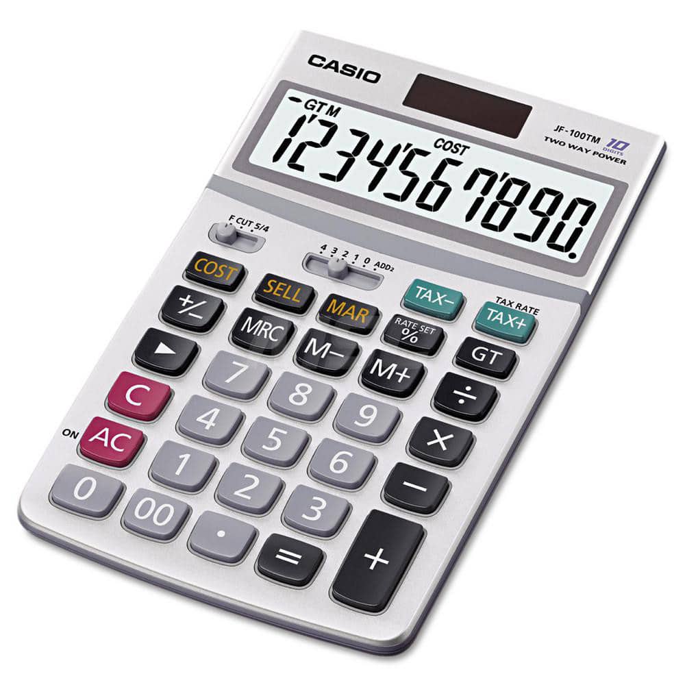 Casio - Calculators; Type: Desktop Calculator ; Type of Power: Battery; Solar ; Display Type: 10-Digit LCD ; Color: Silver ; Display Size: 18mm ; Width (Inch): 4-1/4 - Exact Tooling