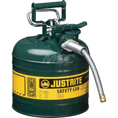Justrite - Safety Dispensing Cans; Capacity: 2 Gal. ; Material: Steel ; Color: Green ; Height (Decimal Inch): 13.250000 ; Diameter/Length (mm): 9.50 ; Approval Listing/Regulations: FM Approved; UL; ULC; TUV - Exact Tooling