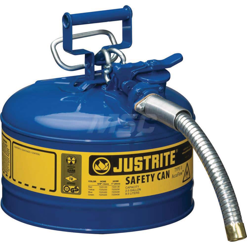 Justrite - Safety Dispensing Cans; Capacity: 2.5 Gal ; Material: Steel ; Color: Blue ; Height (Decimal Inch): 12.000000 ; Diameter/Length (mm): 11.75 ; Approval Listing/Regulations: FM Approved; UL; ULC; TUV - Exact Tooling