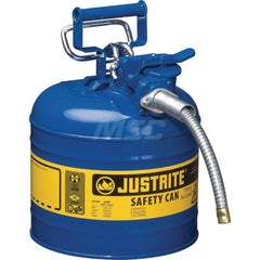 Justrite - Safety Dispensing Cans; Capacity: 2 Gal. ; Material: Steel ; Color: Blue ; Height (Decimal Inch): 13.250000 ; Diameter/Length (mm): 9.50 ; Approval Listing/Regulations: FM Approved; UL; ULC; TUV - Exact Tooling