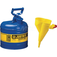 Justrite - Safety Dispensing Cans; Capacity: 2 Gal. ; Material: Steel ; Color: Blue ; Height (Decimal Inch): 13.750000 ; Diameter/Length (mm): 9.50 ; Approval Listing/Regulations: FM Approved; UL; ULC; TUV - Exact Tooling