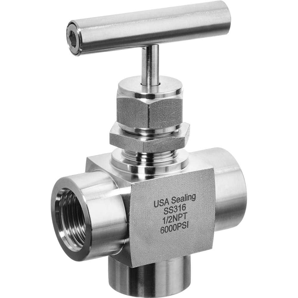 USA Sealing - Needle Valves; Type: Instrumentation Needle Valve ; Style: 3-Way; Angled Tee ; Pipe Size: 1/8 (Inch); End Connections: FNPT ; Material: Stainless Steel ; Material Grade: 316 - Exact Tooling