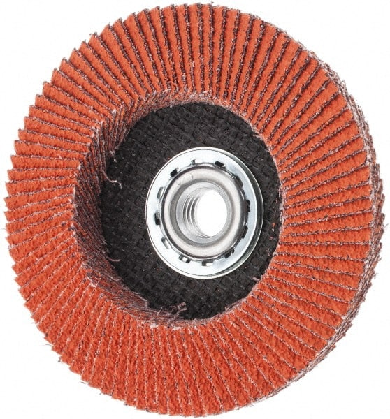 Norton - 40 Grit, 4-1/2" Disc Diam, 5/8-11 Center Hole, Type 27 Ceramic Alumina Flap Disc - 13,000 Max RPM, Cloth Backing, Arbor Attaching System, Coated - Exact Tooling