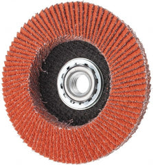 Norton - 40 Grit, 4-1/2" Disc Diam, 5/8-11 Center Hole, Type 27 Ceramic Alumina Flap Disc - 13,000 Max RPM, Cloth Backing, Arbor Attaching System, Coated - Exact Tooling