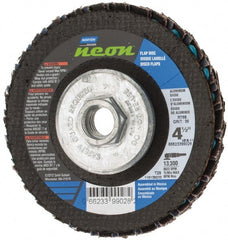 Norton - 36 Grit, 4-1/2" Disc Diam, 5/8-11 Center Hole, Type 29 Ceramic Alumina Flap Disc - 13,300 Max RPM, Polyester Backing, Arbor Attaching System, Coated - Exact Tooling