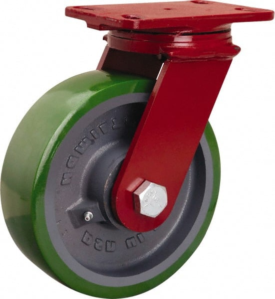 Hamilton - 8" Diam x 2-1/2" Wide x 10-1/8" OAH Top Plate Mount Swivel Caster - Polyurethane Mold onto Cast Iron Center, 2,000 Lb Capacity, Sealed Precision Ball Bearing, 4-1/2 x 6-1/2" Plate - Exact Tooling
