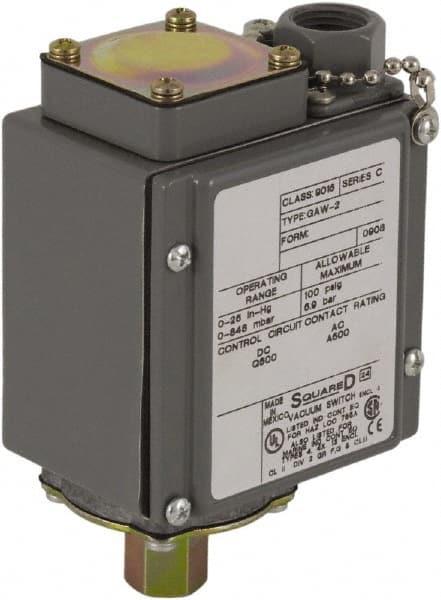 Square D - 4, 13 and 4X NEMA Rated, SPDT, 0.2 to 10 psi, Vacuum Switch Pressure and Level Switch - Adjustable Pressure, 120 VAC, 125 VDC, 240 VAC, 250 VDC, Screw Terminal - Exact Tooling