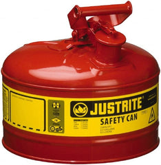 Justrite - 2.5 Gal Galvanized Steel Type I Safety Can - 11-1/2" High x 11-3/4" Diam, Red with Yellow - Exact Tooling