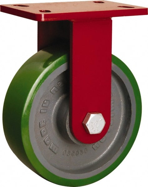 Hamilton - 8" Diam x 2-1/2" Wide x 10-1/8" OAH Top Plate Mount Rigid Caster - Polyurethane Mold onto Cast Iron Center, 2,000 Lb Capacity, Tapered Roller Bearing, 5 x 7" Plate - Exact Tooling