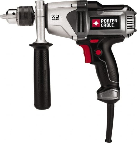 Porter-Cable - 1/2" Keyed Chuck, 800 RPM, Pistol Grip Handle Electric Drill - 7 Amps, 120 Volts, Reversible, Includes Side Handle & Chuck Key with Holder - Exact Tooling