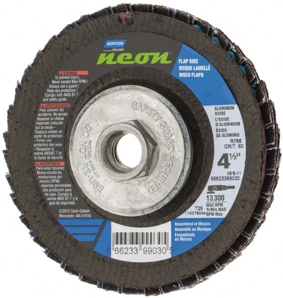 Norton - 60 Grit, 4-1/2" Disc Diam, 5/8-11 Center Hole, Type 29 Ceramic Alumina Flap Disc - 13,300 Max RPM, Polyester Backing, Arbor Attaching System, Coated - Exact Tooling
