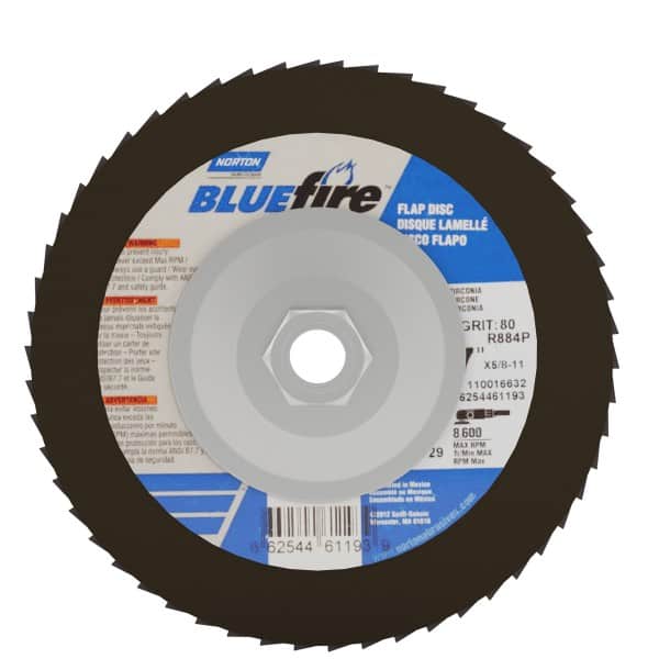 Norton - 80 Grit, 7" Disc Diam, 5/8-11 Center Hole, Type 29 Zirconia Alumina Flap Disc - 8,600 Max RPM, Cloth Backing, Arbor Attaching System, Coated - Exact Tooling